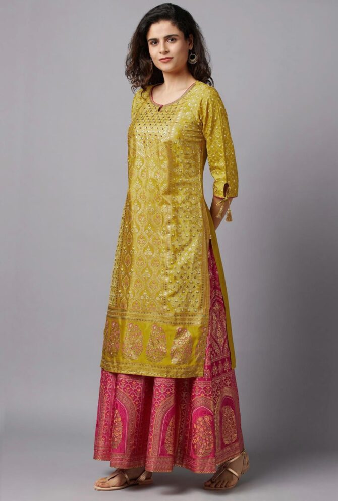 Women Printed Polyester Straight Kurta  (Yellow) - Image 3