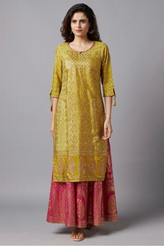 Women Printed Polyester Straight Kurta  (Yellow)
