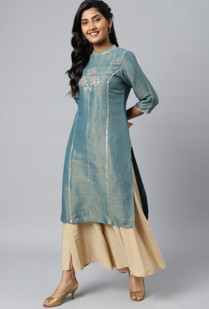 Aurelia Women Solid Viscose Rayon Straight Kurta  (Blue) - Image 2