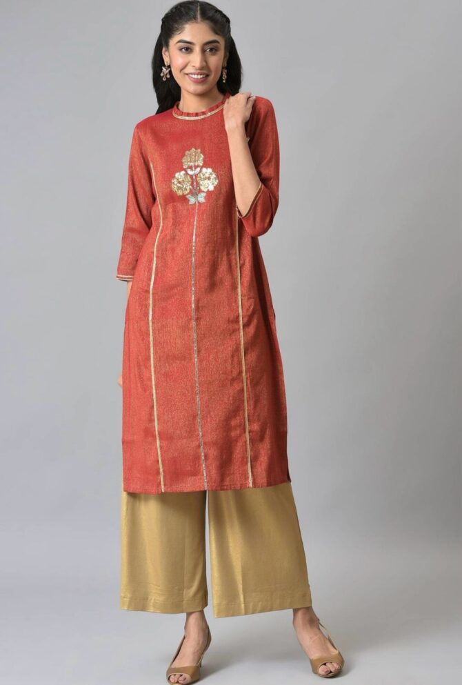Aurelia Women Embellished Viscose Rayon Straight Kurta  (Red) - Image 2