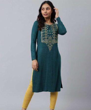 Aurelia Women Teal Yoke Design Thread Work Kurta