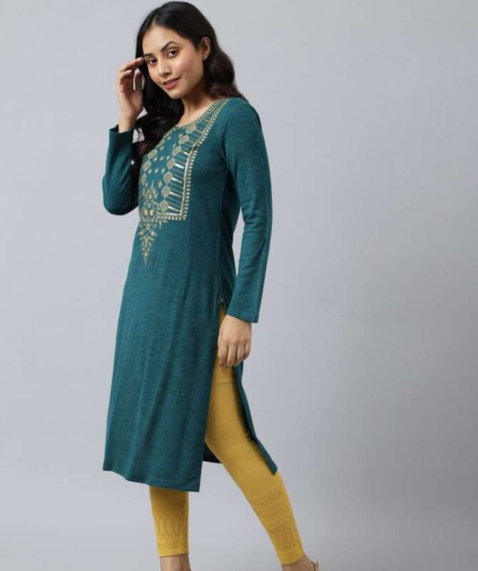 Aurelia Women Teal Yoke Design Thread Work Kurta - Image 2
