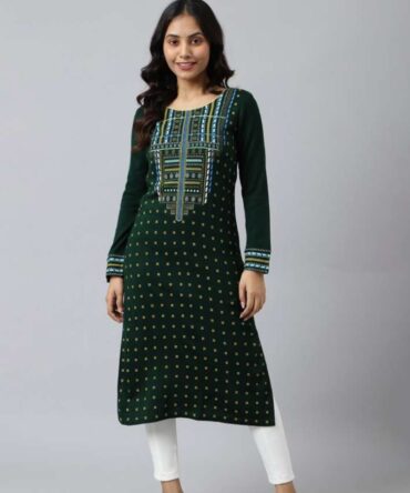 Aurelia Women Green & Yellow Printed Acrylic Straight Kurta