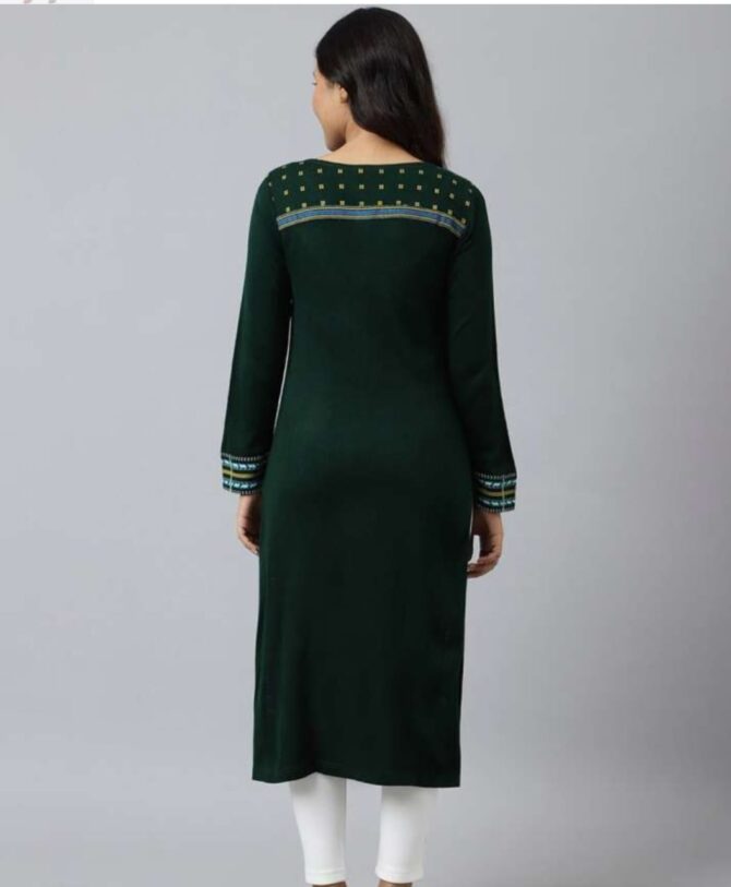 Aurelia Women Green & Yellow Printed Acrylic Straight Kurta - Image 3