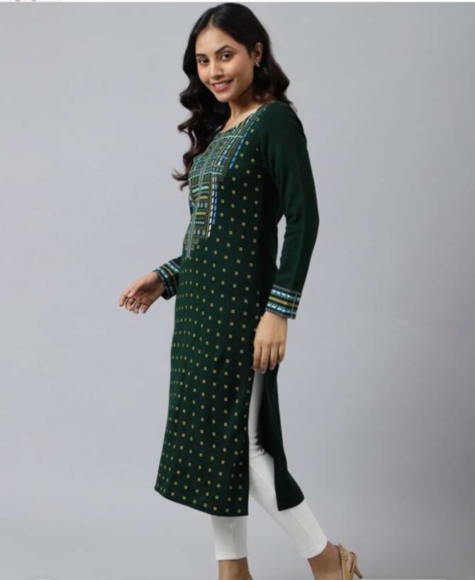Aurelia Women Green & Yellow Printed Acrylic Straight Kurta - Image 2