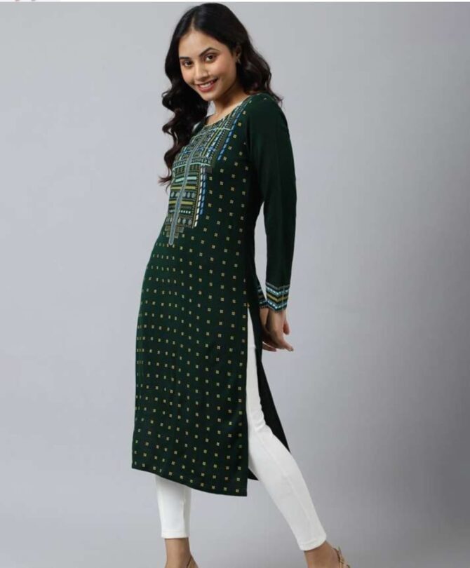 Aurelia Women Green & Yellow Printed Acrylic Straight Kurta - Image 4