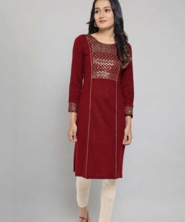 Aurelia Women Red Geometric Embroidered Thread Work Kurta