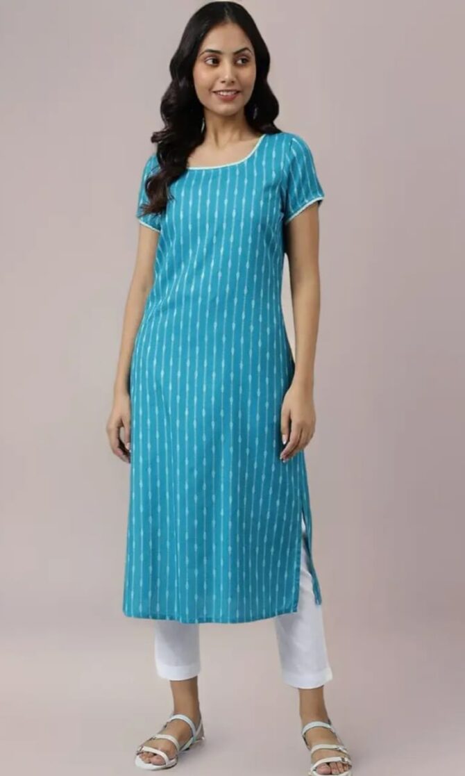Aurelia Rayon Women Teal Dobby Geometric Yarn Dyed Straight Kurta - Image 6