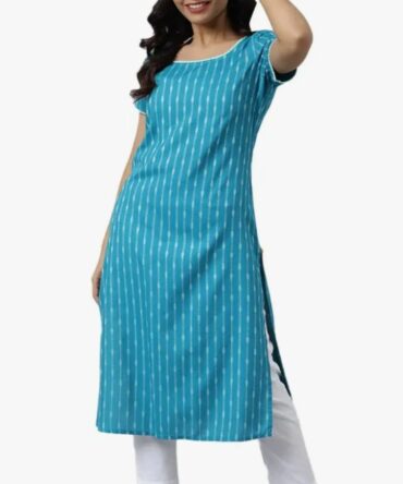 Aurelia Rayon Women Teal Dobby Geometric Yarn Dyed Straight Kurta