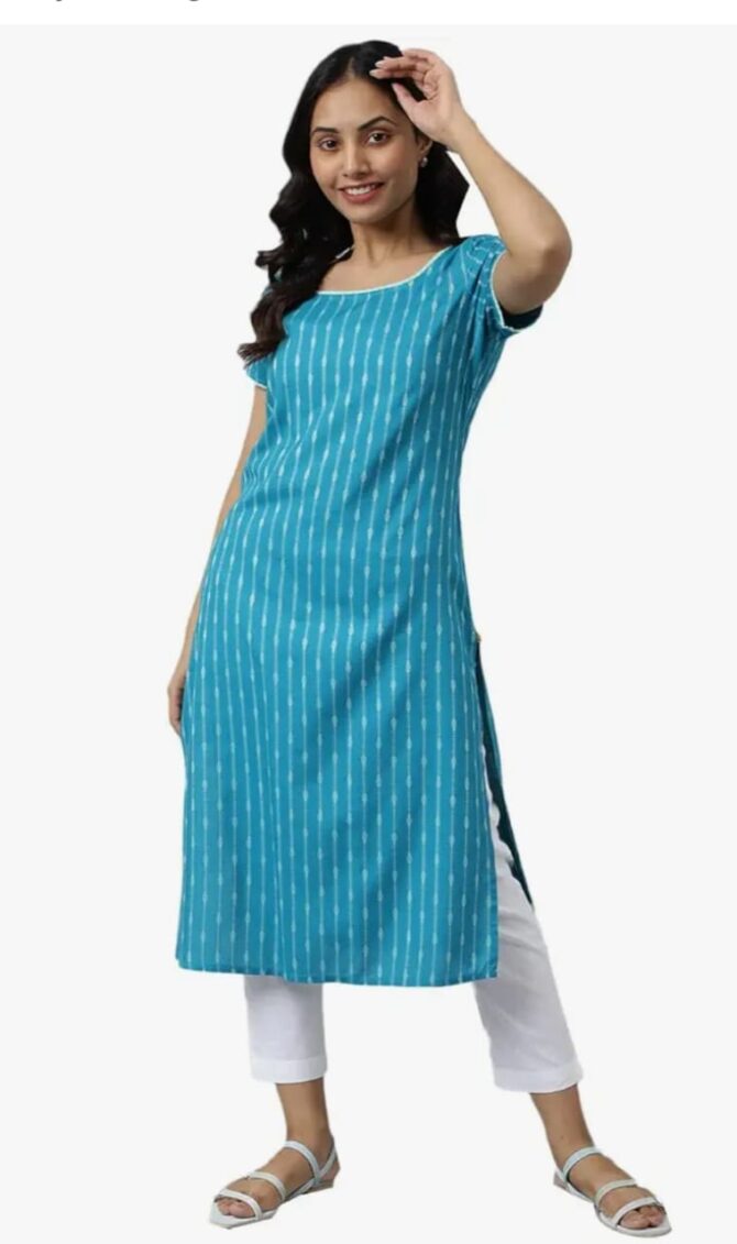 Aurelia Rayon Women Teal Dobby Geometric Yarn Dyed Straight Kurta