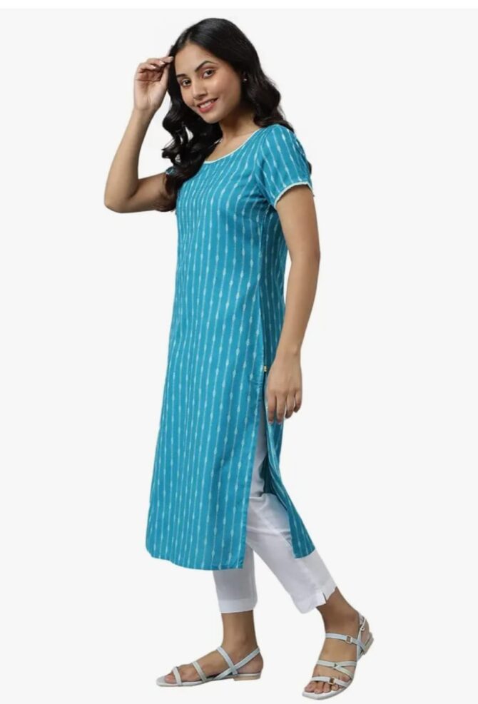 Aurelia Rayon Women Teal Dobby Geometric Yarn Dyed Straight Kurta - Image 2
