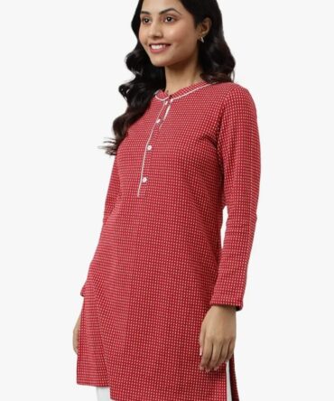 Aurelia Women Dark Red Cotton Blend Geometric Yarn Dyed Straight Kurta