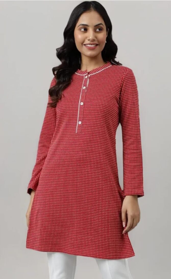 Aurelia Women Dark Red Cotton Blend Geometric Yarn Dyed Straight Kurta - Image 2