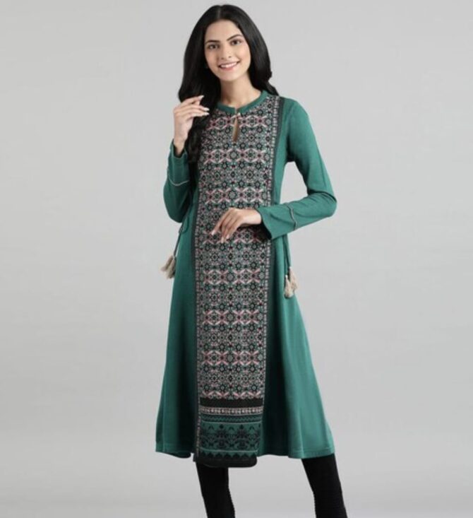 Printed Flared Kurta with Notched Collar - Image 2