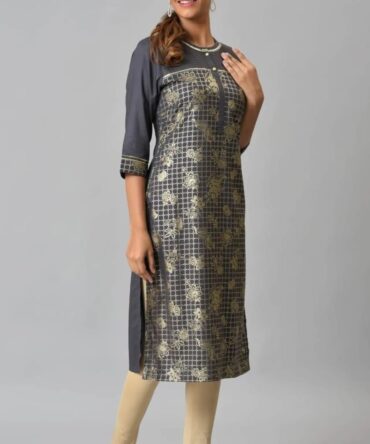 Aurelia Women Grey Festive Geometric Print Rayon Kurta