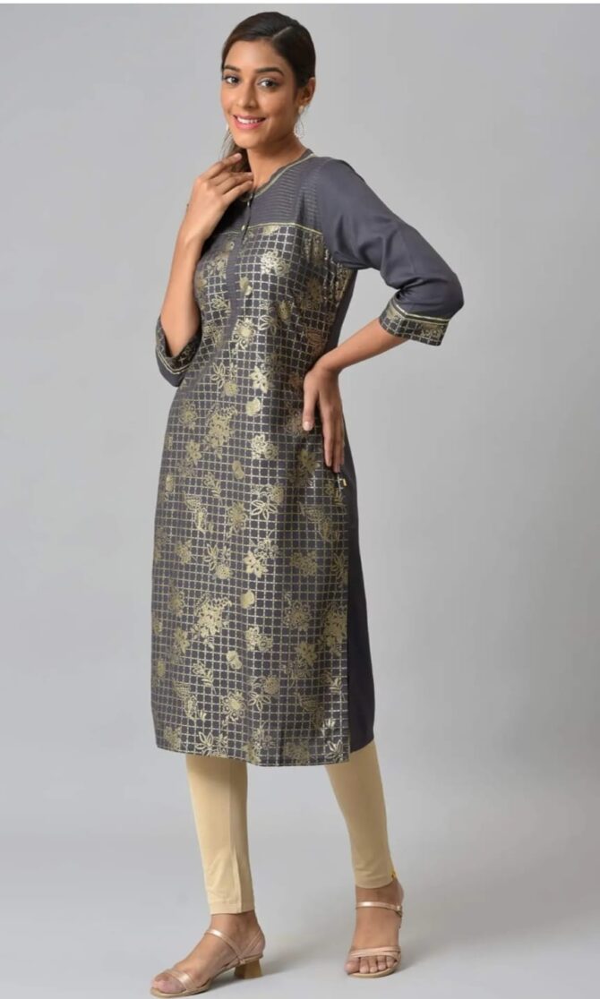 Aurelia Women Grey Festive Geometric Print Rayon Kurta - Image 2