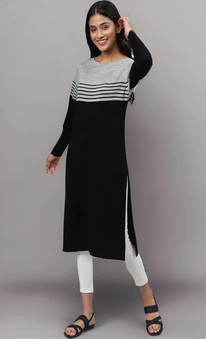 Aurelia Women Black Acrylic Solid Yarn Dyed Straight Kurta - Image 8