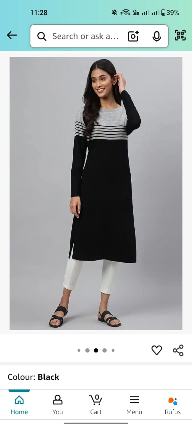 Aurelia Women Black Acrylic Solid Yarn Dyed Straight Kurta - Image 6