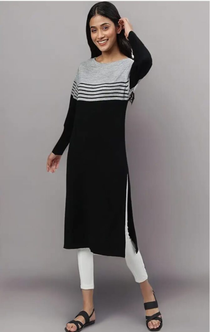 Aurelia Women Black Acrylic Solid Yarn Dyed Straight Kurta - Image 2