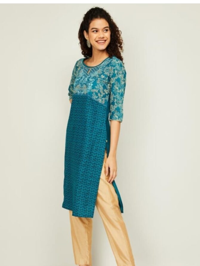 AURELIA Women Printed Three-Quarter Sleeves Straight Kurta - Image 5