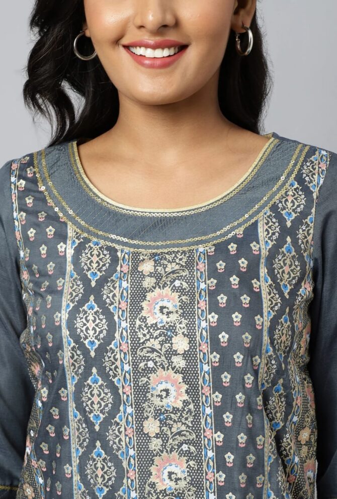 Grey Floral Printed Sequined Ethnic Kurta - Image 8