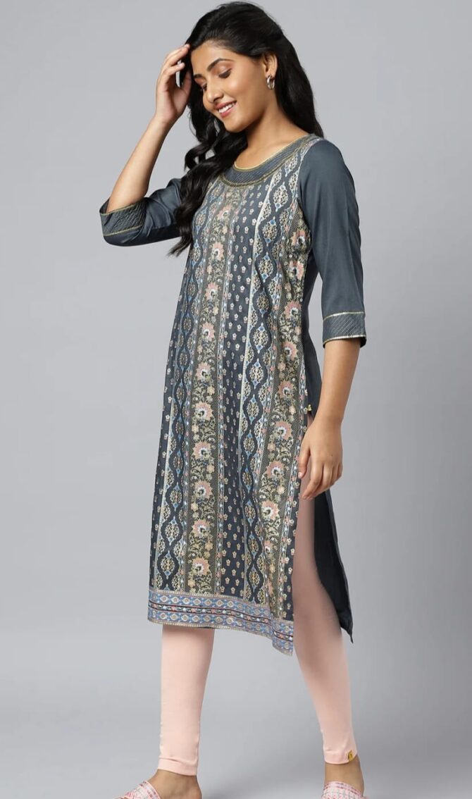 Grey Floral Printed Sequined Ethnic Kurta - Image 5