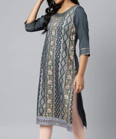 Grey Floral Printed Sequined Ethnic Kurta