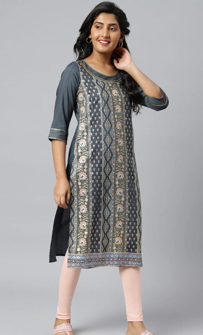 Grey Floral Printed Sequined Ethnic Kurta - Image 7
