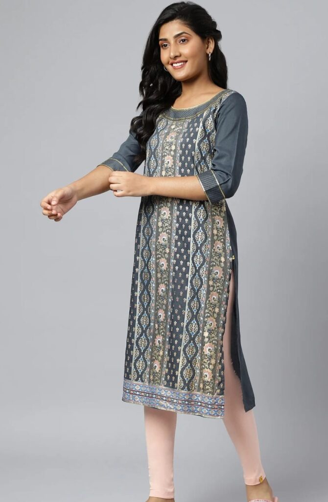 Grey Floral Printed Sequined Ethnic Kurta - Image 3