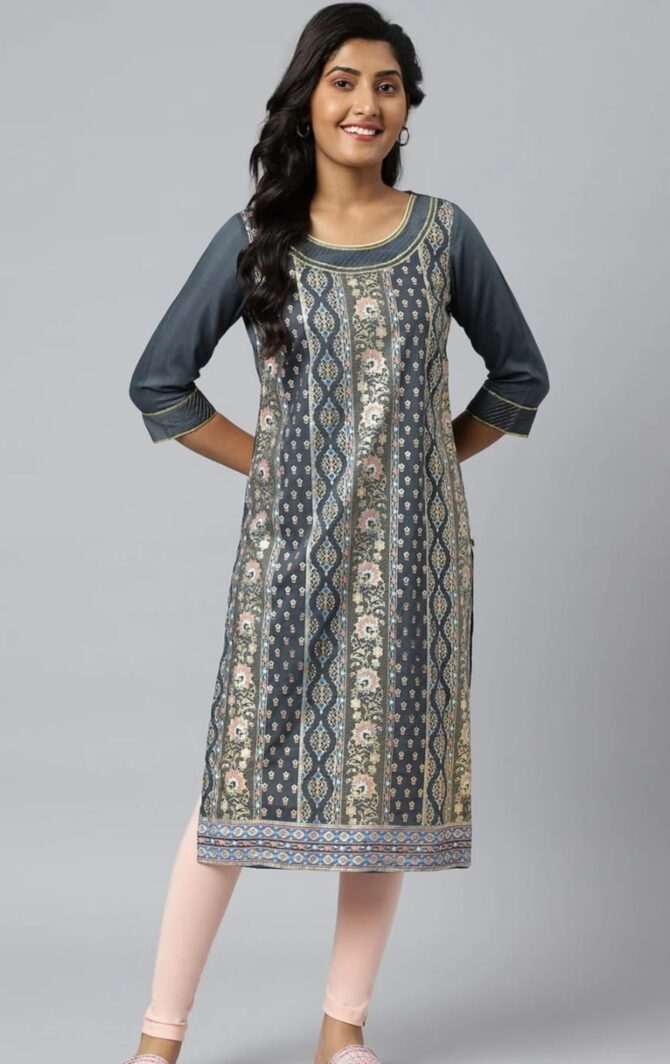 Grey Floral Printed Sequined Ethnic Kurta - Image 2