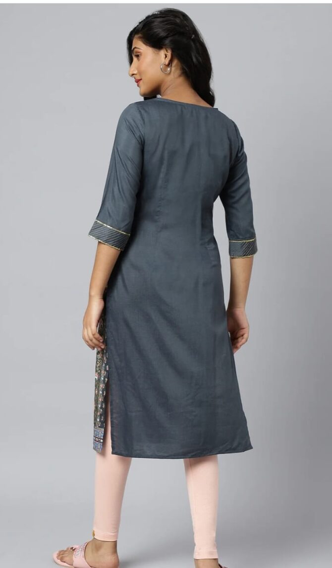 Grey Floral Printed Sequined Ethnic Kurta - Image 4